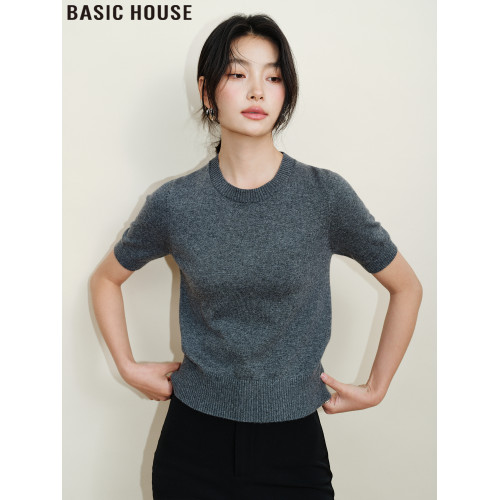 Basic House/百家好百搭軟糯圓領短袖針織衫短款內搭打底衫女秋季