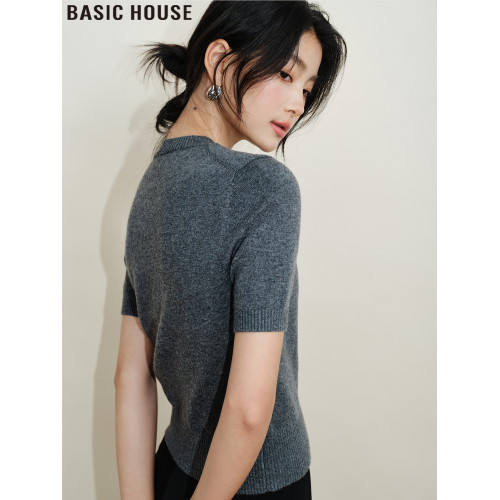 Basic House/百家好百搭軟糯圓領短袖針織衫短款內搭打底衫女秋季