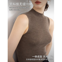 棕色半高領無袖打底衫女夏季美麗諾羊毛中領內搭無縫一體針織背心