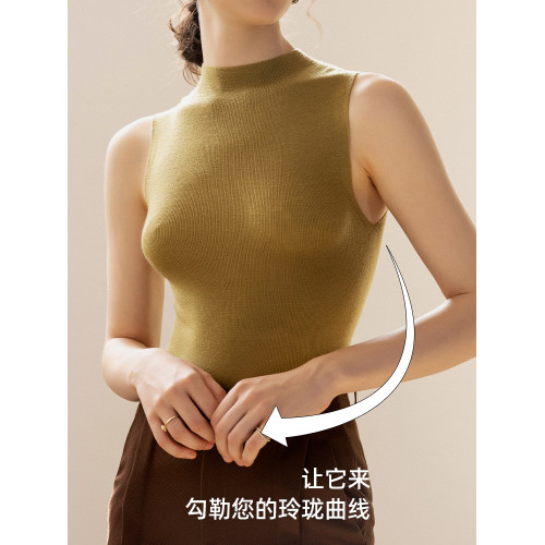 棕色半高領無袖打底衫女夏季美麗諾羊毛中領內搭無縫一體針織背心