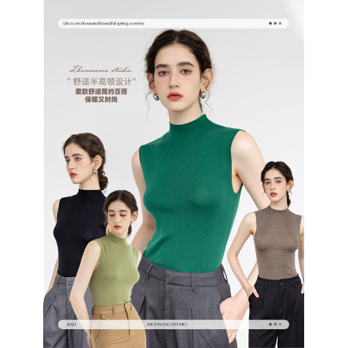 棕色半高領無袖打底衫女夏季美麗諾羊毛中領內搭無縫一體針織背心