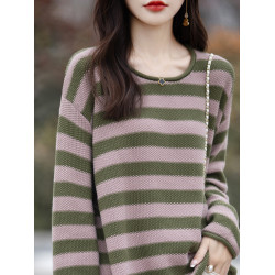 2025春秋季新款條紋打底衫女寬松圓領毛衣長袖純棉線針織衫上衣