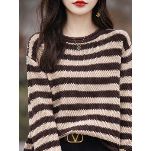 2025春秋季新款條紋打底衫女寬松圓領毛衣長袖純棉線針織衫上衣