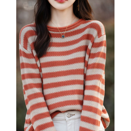 2025春秋季新款條紋打底衫女寬松圓領毛衣長袖純棉線針織衫上衣
