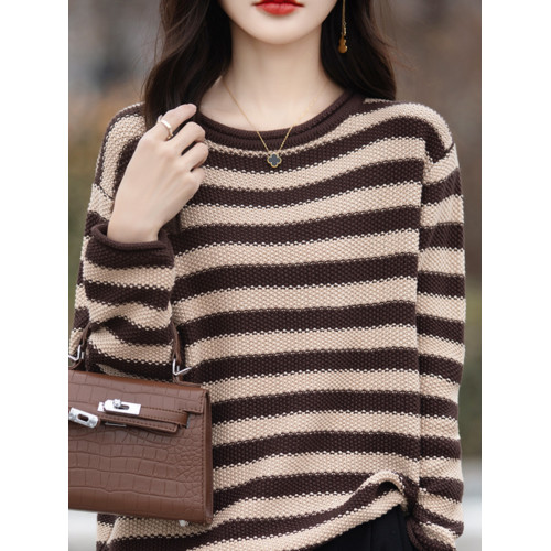 2025春秋季新款條紋打底衫女寬松圓領毛衣長袖純棉線針織衫上衣