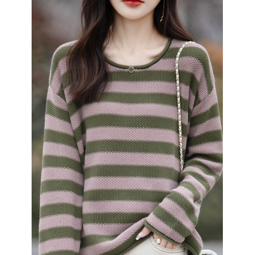 2025春秋季新款條紋打底衫女寬松圓領毛衣長袖純棉線針織衫上衣