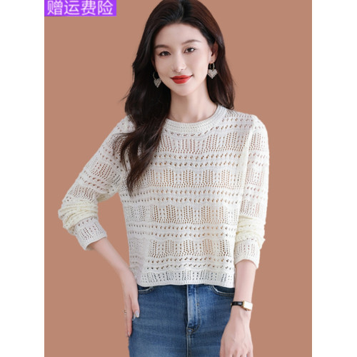 羊毛衫女士鏤空薄款早秋上衣2025新款洋氣短款毛衣針織打底衫長袖