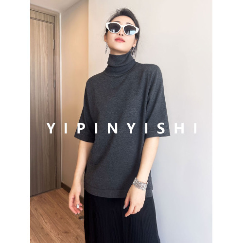 抗起球秋冬季高領五分袖針織打底衫純色韓版寬松大碼顯瘦女士上衣