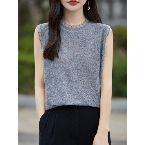 蕾絲花邊領羊毛打底衫早秋洋氣寬松百搭無袖內搭背心針織衫上衣女