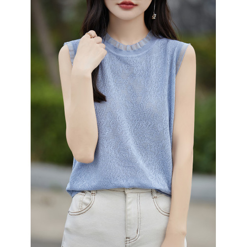 蕾絲花邊領羊毛打底衫早秋洋氣寬松百搭無袖內搭背心針織衫上衣女