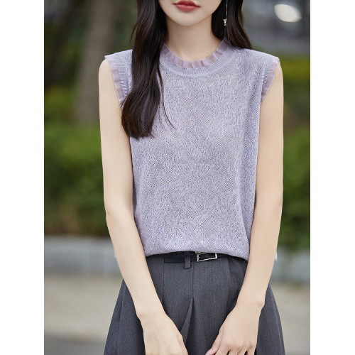 蕾絲花邊領羊毛打底衫早秋洋氣寬松百搭無袖內搭背心針織衫上衣女