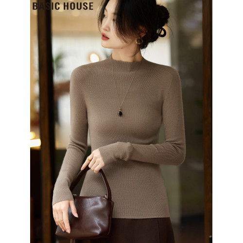 Basic House/百家好雅丹風謙雅復古半高領綿羊毛針織打底衫女春季