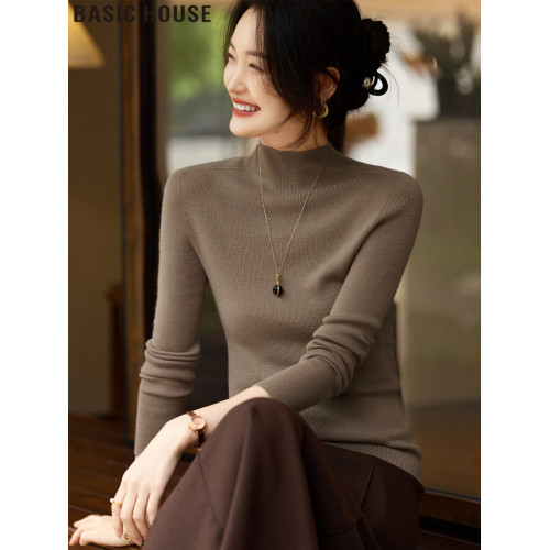 Basic House/百家好雅丹風謙雅復古半高領綿羊毛針織打底衫女春季