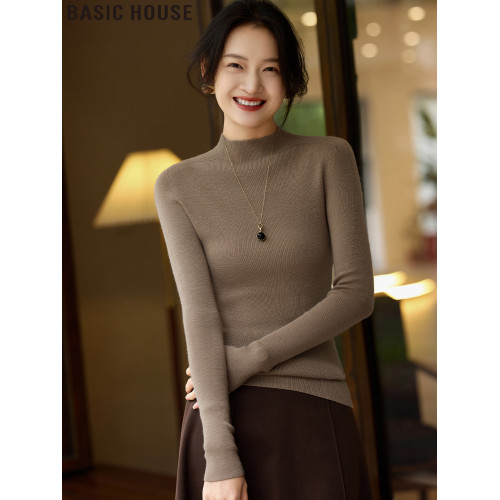 Basic House/百家好雅丹風謙雅復古半高領綿羊毛針織打底衫女春季
