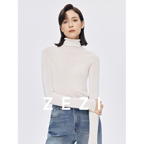 zezi高領打底衫毛衣女春秋新款100羊毛新品針織衫女黑色簡約套頭