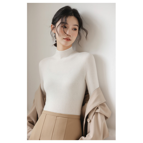 可機洗桑蠶絲羊毛半高領打底衫女秋冬長袖內搭針織修身針織衫上衣