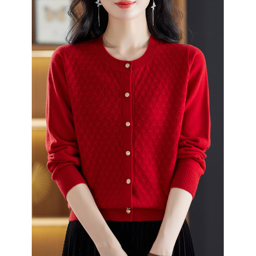 恒源祥100%純羊毛針織開衫女秋冬新款品牌時尚大碼打底衫媽媽毛衣