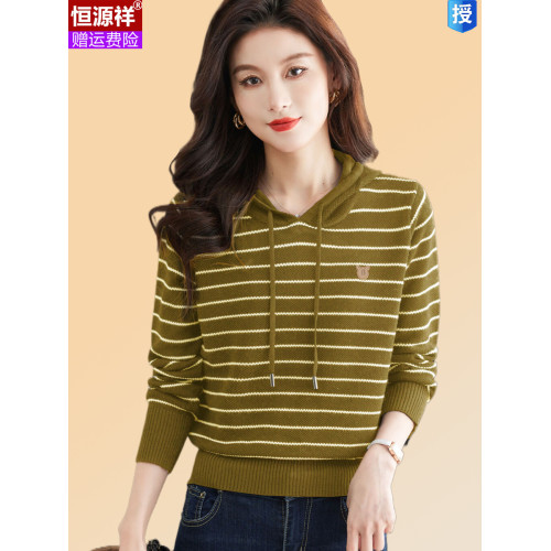 恒源祥連帽羊毛衫女薄款衛衣秋季新款條紋針織打底衫短款帶帽上衣