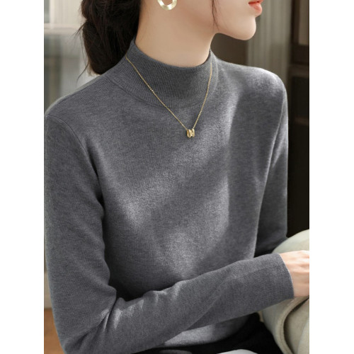 Basic House/百家好半高領針織打底衫女士秋季格雷系內搭灰色毛衣