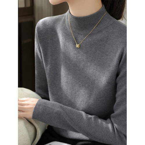 Basic House/百家好半高領針織打底衫女士秋季格雷系內搭灰色毛衣