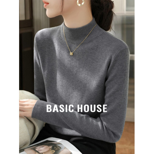 Basic House/百家好半高領針織打底衫女士秋季格雷系內搭灰色毛衣