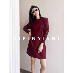 秋冬季圓領長袖毛針織打底衫連衣裙純色寬松顯瘦套頭中長款女上衣