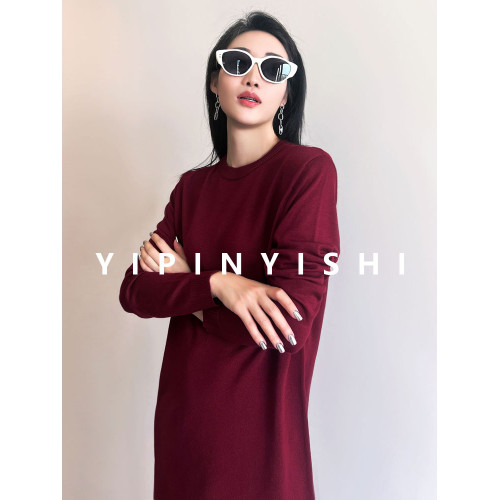 秋冬季圓領長袖毛針織打底衫連衣裙純色寬松顯瘦套頭中長款女上衣