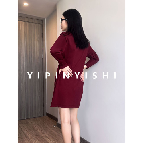 秋冬季圓領長袖毛針織打底衫連衣裙純色寬松顯瘦套頭中長款女上衣