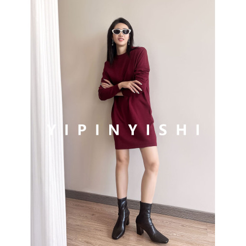 秋冬季圓領長袖毛針織打底衫連衣裙純色寬松顯瘦套頭中長款女上衣