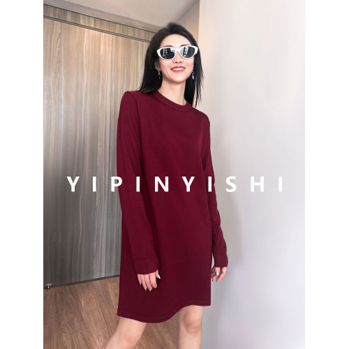 秋冬季圓領長袖毛針織打底衫連衣裙純色寬松顯瘦套頭中長款女上衣