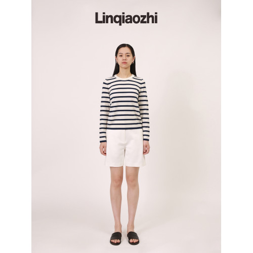 林喬芝2023新款小衆設計高級感100%羊毛條紋針織衫打底衫毛衣女