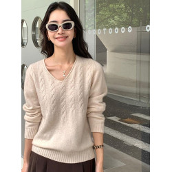 匠心好穿！加厚V領麻花羊絨衫毛衣女秋冬寬松套頭保暖長袖打底衫