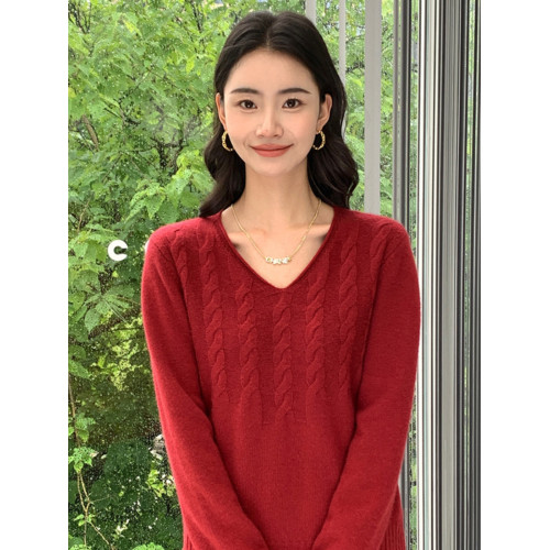 匠心好穿！加厚V領麻花羊絨衫毛衣女秋冬寬松套頭保暖長袖打底衫