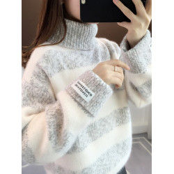 高領條紋毛衣女秋冬季加絨加厚高中初中學生大童13嵗15女孩打底衫