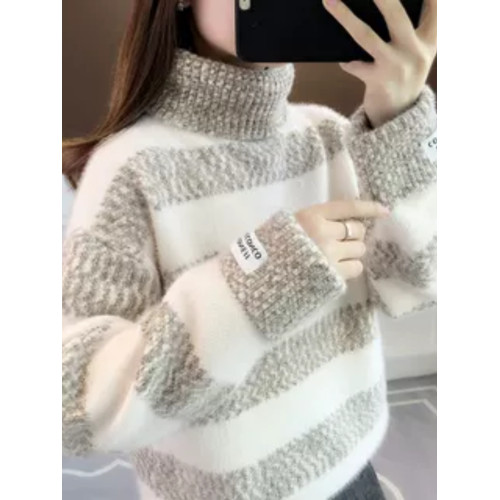 高領條紋毛衣女秋冬季加絨加厚高中初中學生大童13嵗15女孩打底衫