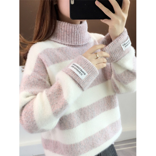 高領條紋毛衣女秋冬季加絨加厚高中初中學生大童13嵗15女孩打底衫