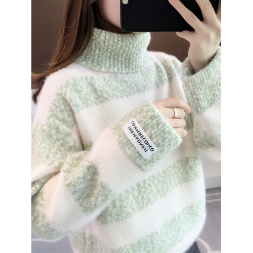高領條紋毛衣女秋冬季加絨加厚高中初中學生大童13嵗15女孩打底衫