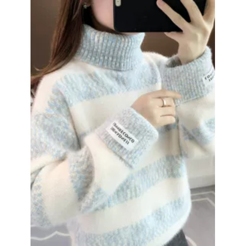 高領條紋毛衣女秋冬季加絨加厚高中初中學生大童13嵗15女孩打底衫