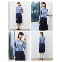 顔域碎花長袖針織衫女裝2025新款春季通勤氣質打底衫短款圓領上衣