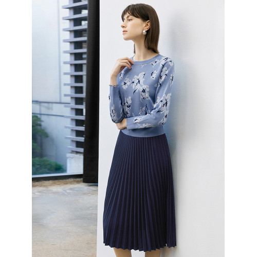 顔域碎花長袖針織衫女裝2025新款春季通勤氣質打底衫短款圓領上衣