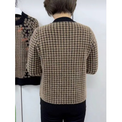 冬季新款媽媽裝洋氣圓領格子針織打底衫加絨加厚長袖保暖女士毛衣