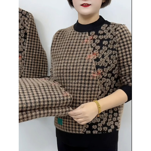 冬季新款媽媽裝洋氣圓領格子針織打底衫加絨加厚長袖保暖女士毛衣