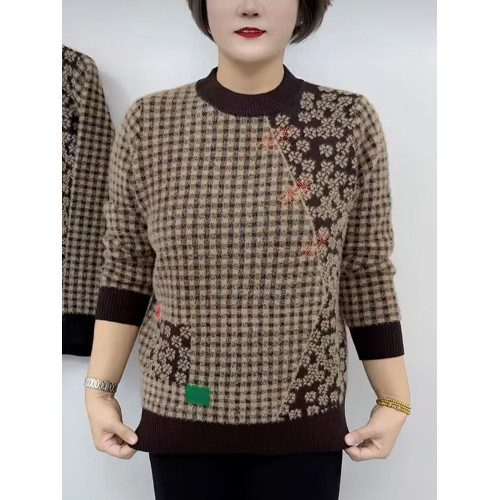 冬季新款媽媽裝洋氣圓領格子針織打底衫加絨加厚長袖保暖女士毛衣