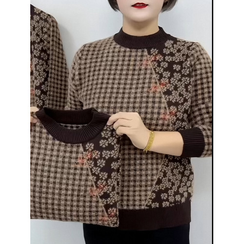 冬季新款媽媽裝洋氣圓領格子針織打底衫加絨加厚長袖保暖女士毛衣