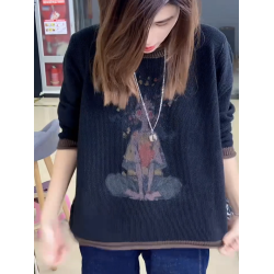 時尚小女孩印花針織衫女休閒打底衫2024年秋冬新款毛衣圓領上衣潮