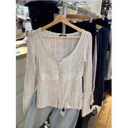 OOTD BM官網淺灰圓領紐釦長袖針織開衫女辣妹內搭上衣毛衣打底衫