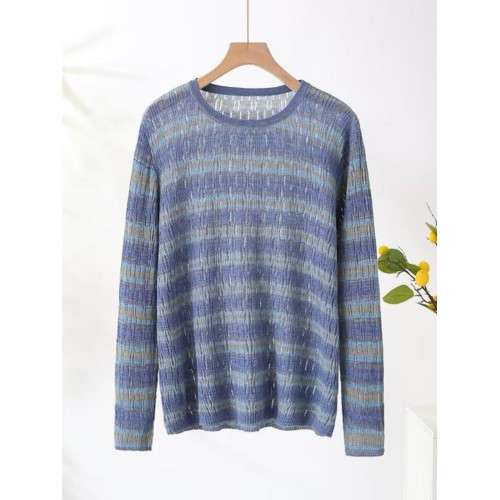 大碼撞色條紋圓領針織衫春秋長袖打底衫法式小款設計感小衆上衣