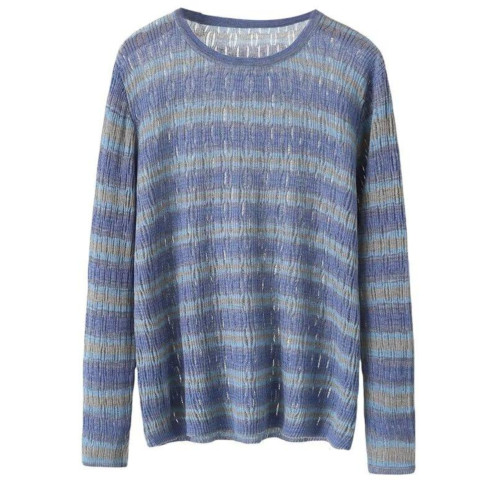 大碼撞色條紋圓領針織衫春秋長袖打底衫法式小款設計感小衆上衣