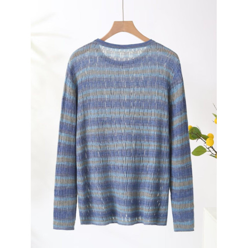 大碼撞色條紋圓領針織衫春秋長袖打底衫法式小款設計感小衆上衣