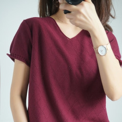 2025夏季新品寬松顯瘦百搭文藝休閒純棉短袖V領純色針織打底衫女